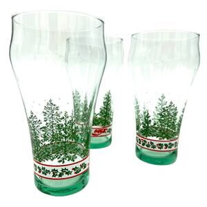 Libbey Coca-Cola Christmas Tumbler Glass 1991 Vintage Pine Trees and Holly Berry